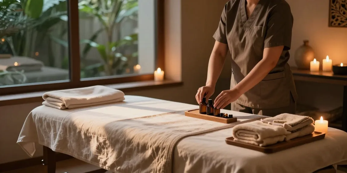 massage therapy session with therapist preparing oils in a serene spa room