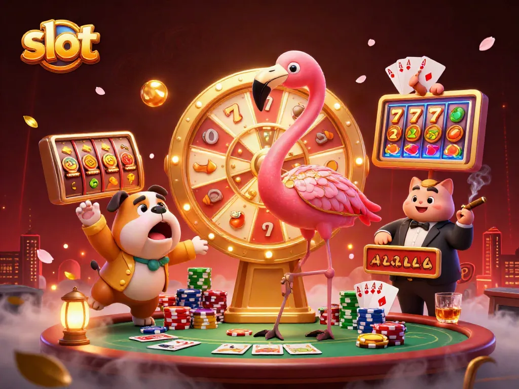 Engage with the exciting slot reels and vibrant casino scene featuring lively characters and dynamic action.