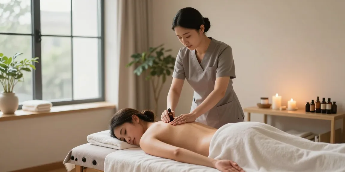 Swedish massage therapy session showcasing the therapist applying oils in a calm wellness center.