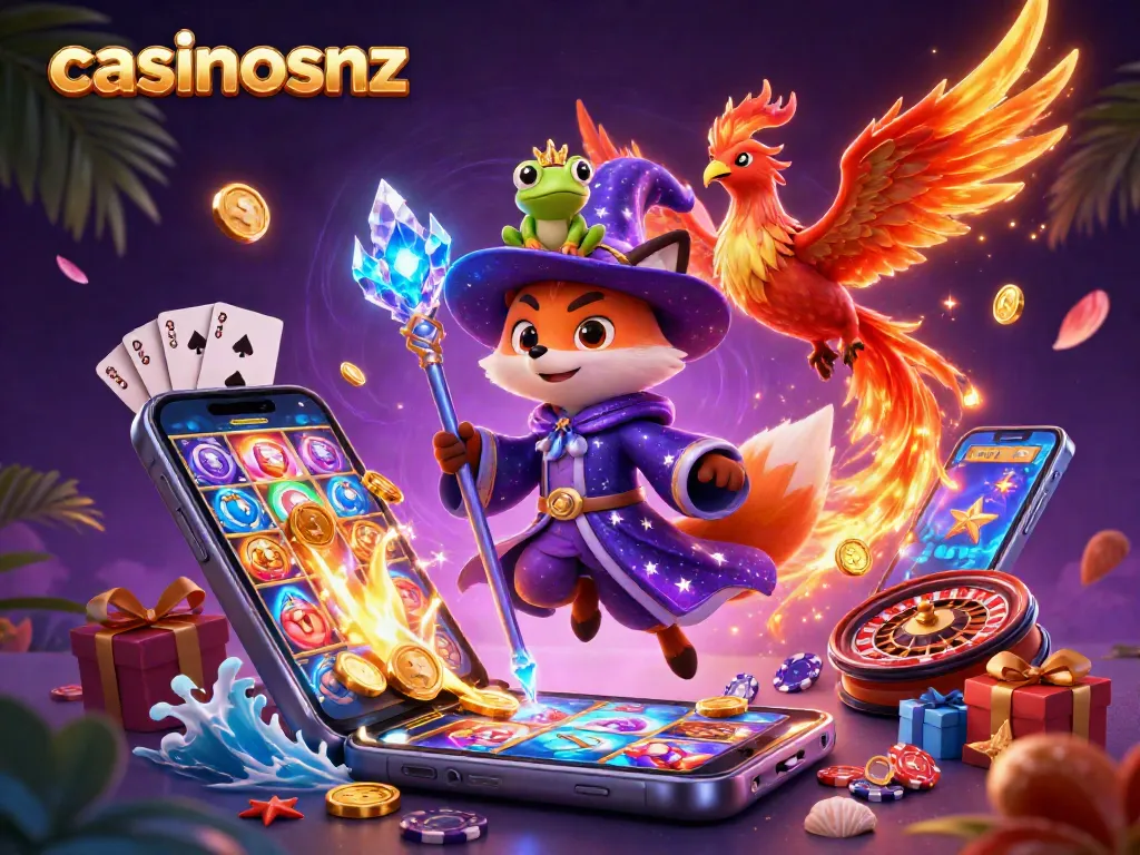 Engage with exciting casinosnz online games featuring a wizard fox and phoenix in a vibrant magical scene.