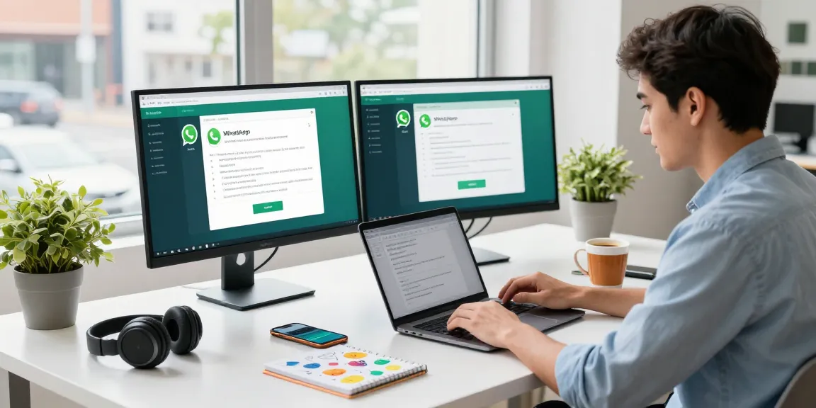 Engaging workspace with a person using WhatsApp網頁版 on dual screens, showcasing a modern professional environment.