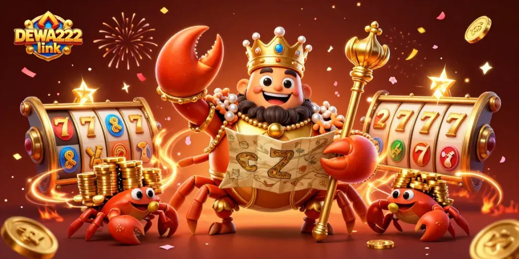 Spin winning jackpots with DEWA222 link featuring a golden crab emperor and vibrant slot elements dynamically displayed.