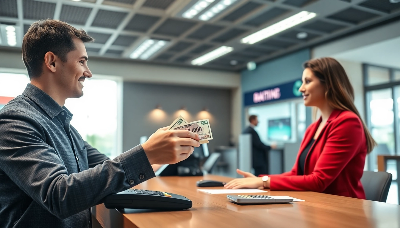 Karyawan bank membantu pelanggan dengan deposit 1k dalam suasana profesional.