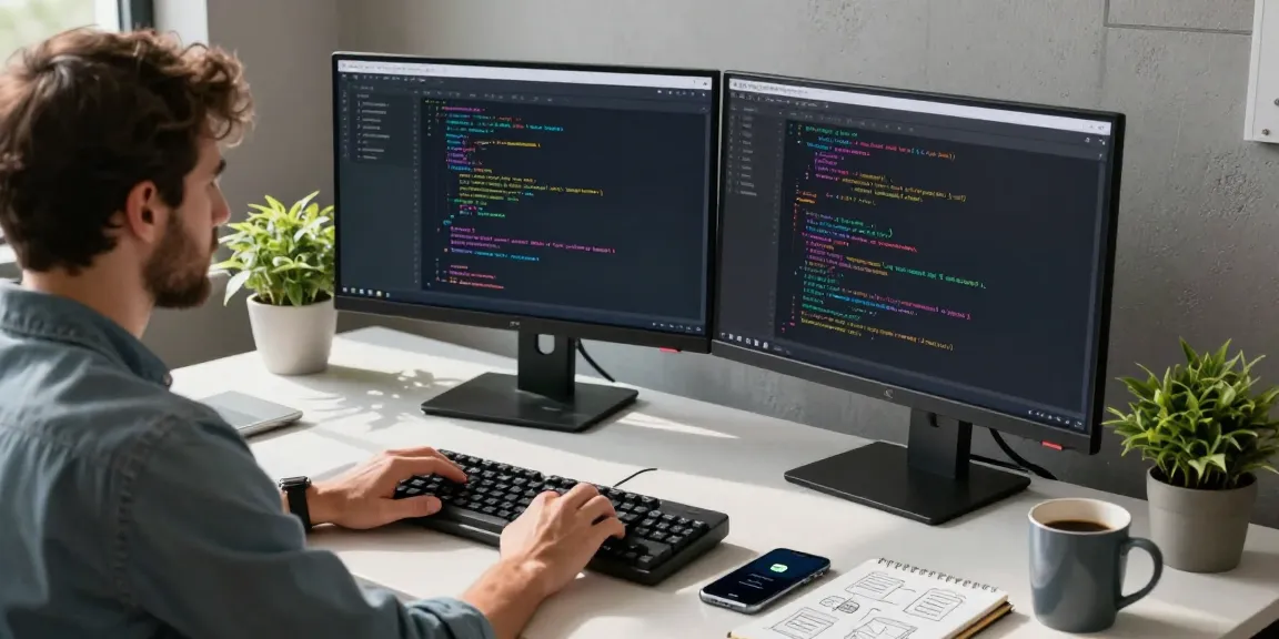 Developer coding 纸飞机中文版 app in a vibrant tech workspace with dual monitors and coffee.