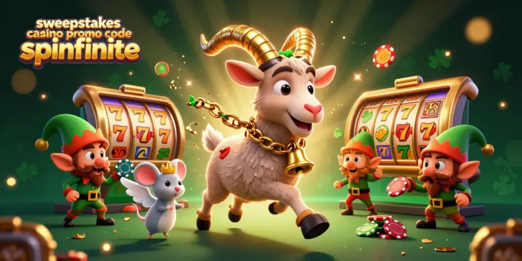 Experience fun with sweepstakes casino promo code spinfinite at a festive casino scene full of vibrant characters and games.