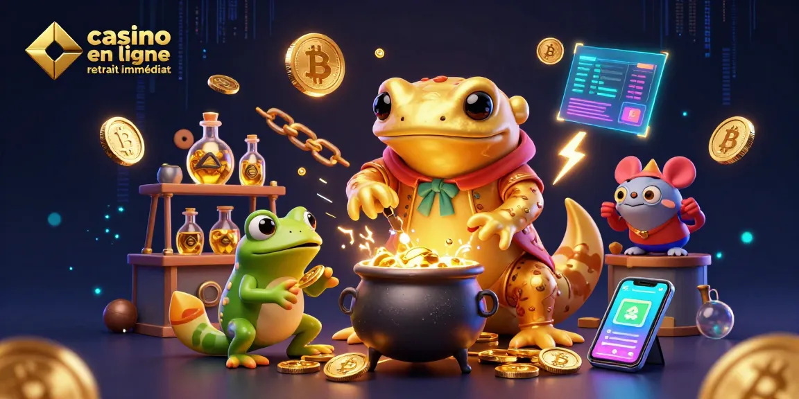Visualisez le casino en ligne retrait immédiat avec un alchimiste et une grenouille dans un laboratoire magique.