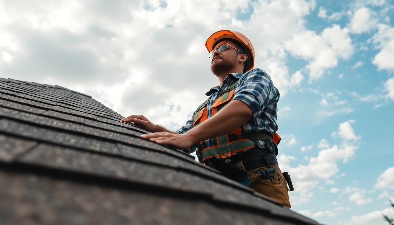 Roof repair assessment by a professional roofer on a house rooftop.