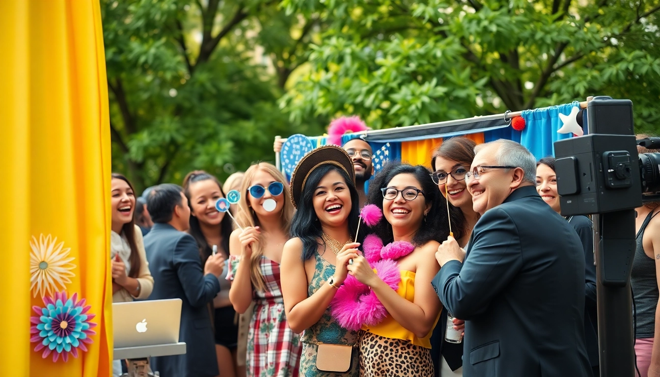 Guests enjoying the photo booth Chicago experience with vibrant props and cheerful atmosphere.