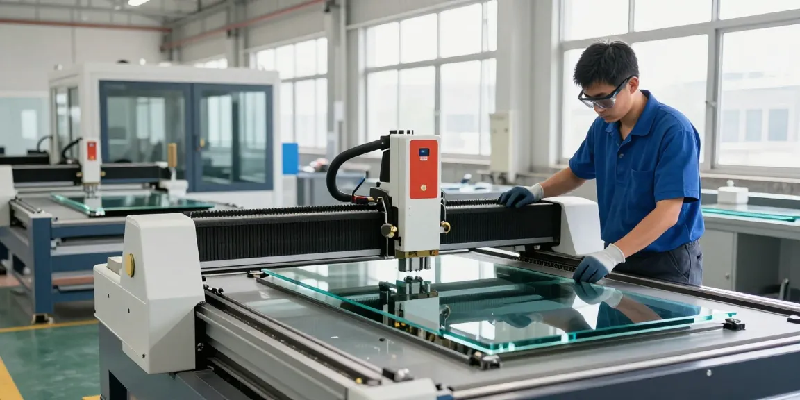 CNC glass cutting machine in action, with skilled operator and advanced machinery in a bright industrial setting.
