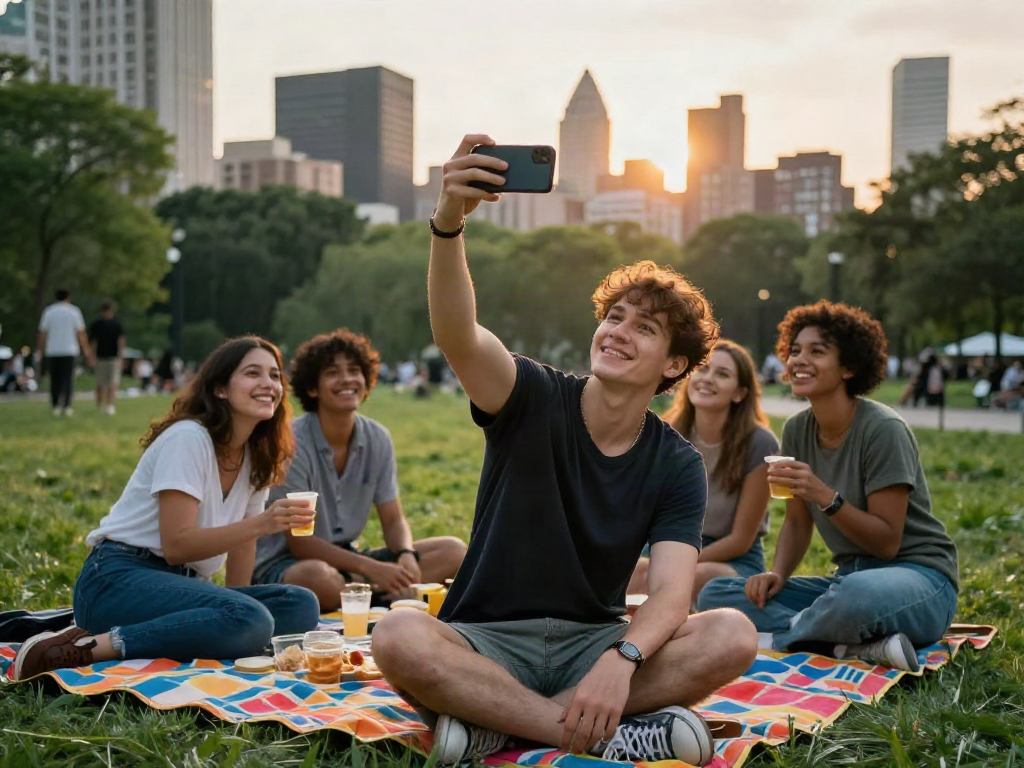 Engaging in an attractiveness test while taking a selfie in a park with friends.