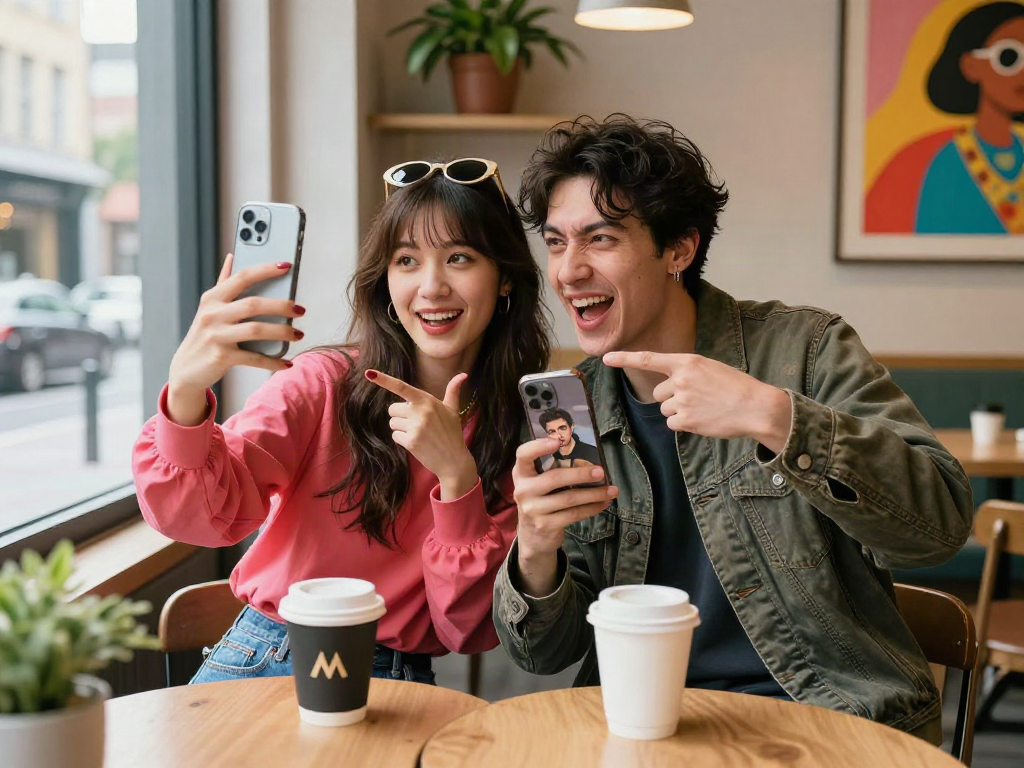 Friends comparing selfies to celebrities look alike images at a trendy café.