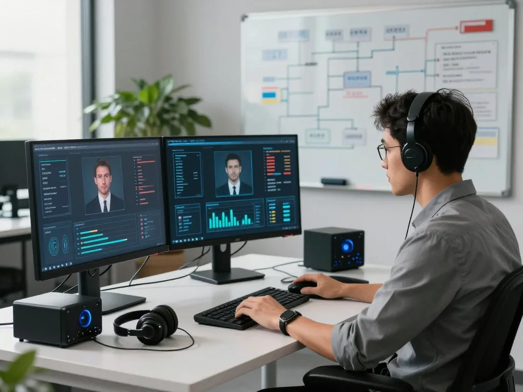 Analyzing AI Voice Fraud In Banking threats in a modern cybersecurity office.