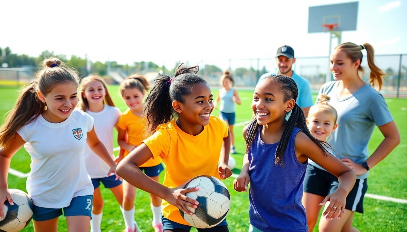 Girls participating in Multi Sports Camps for Girls displaying teamwork and joy.