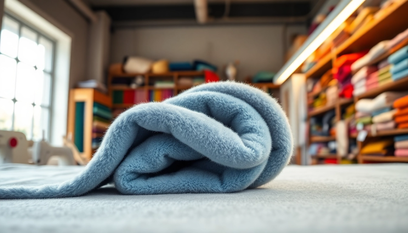 Fleece stof getoond in een elegante textielwerkplaats met een fluweelachtige textuur