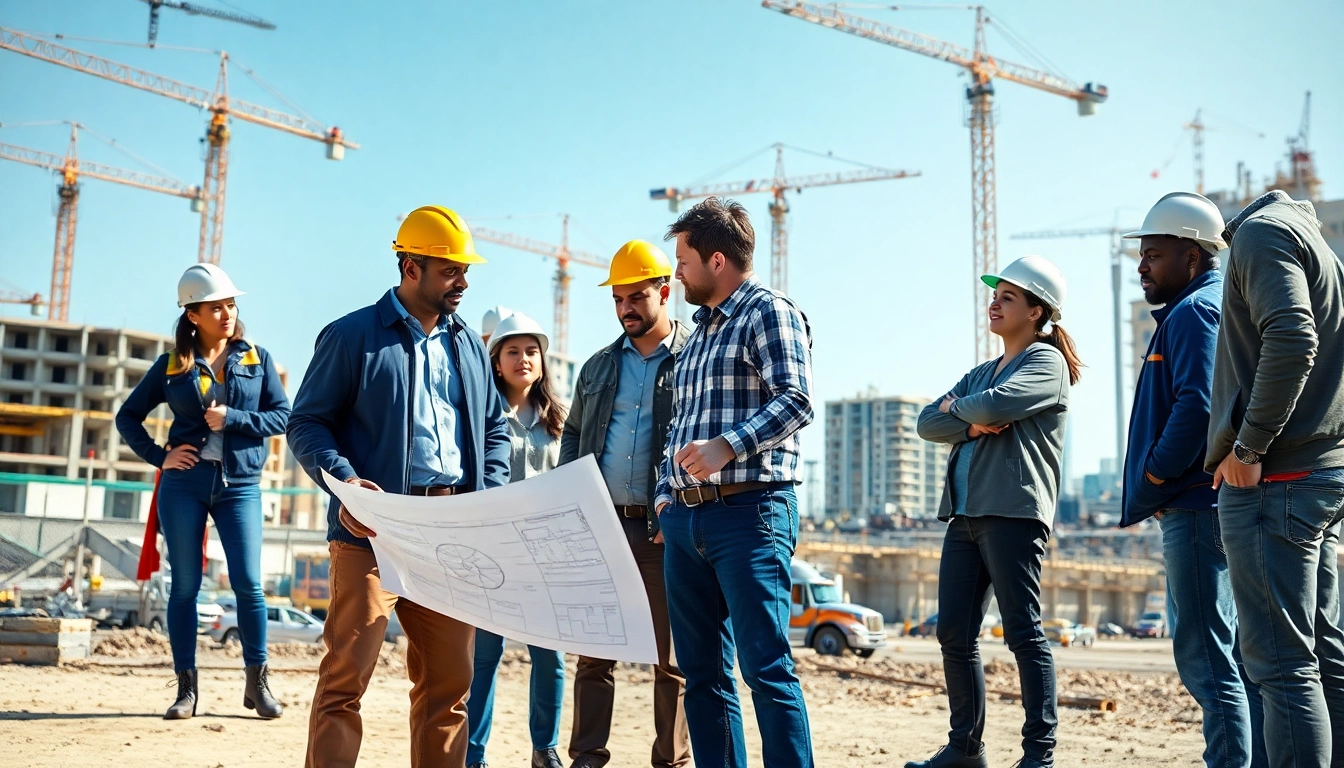 Construction workers representing the southern california contractors association collaborating on-site.