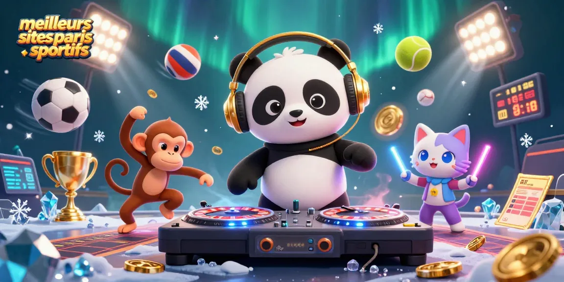 Pariez sur les meilleurs sites paris sportifs avec une illustration dynamique de panda DJ et de personnages festifs.