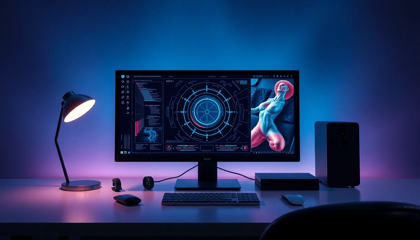 Explore the best NSFW AI in a modern workspace featuring advanced technology and digital art.