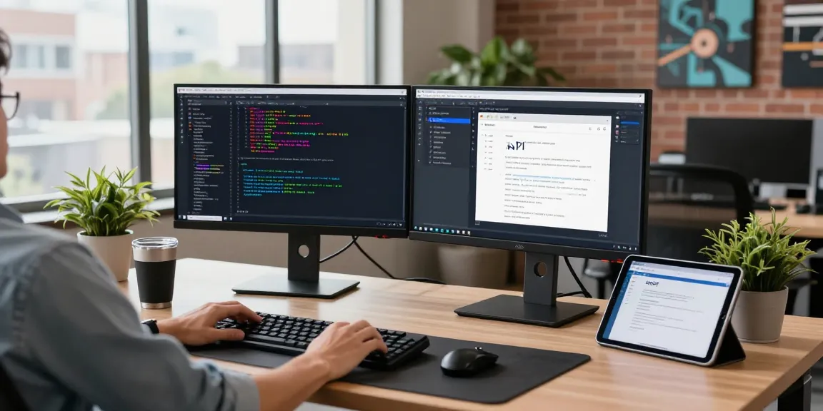Developer working on 纸飞机中文版 app design at a modern tech workspace with dual monitors and coding elements.