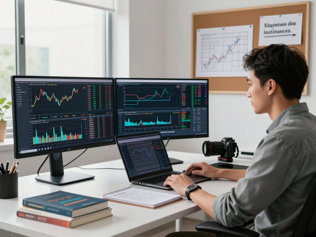 在TradingView官网上，交易者在现代工作空间中，使用多显示器动态观察市场数据。