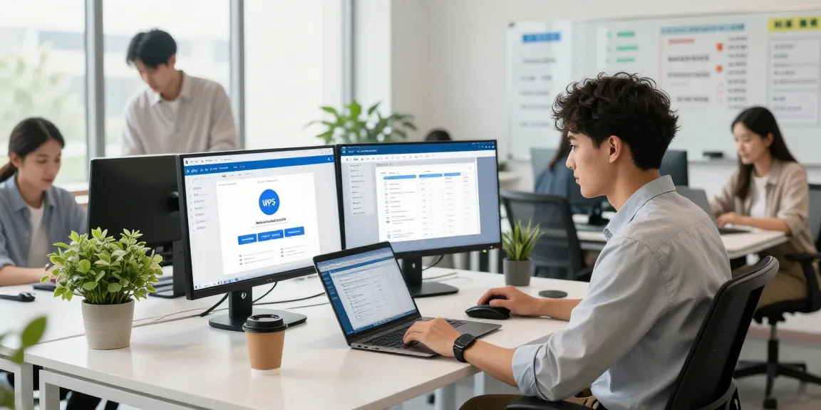 WPS Download interface in a modern office workspace, showcasing productivity tools.