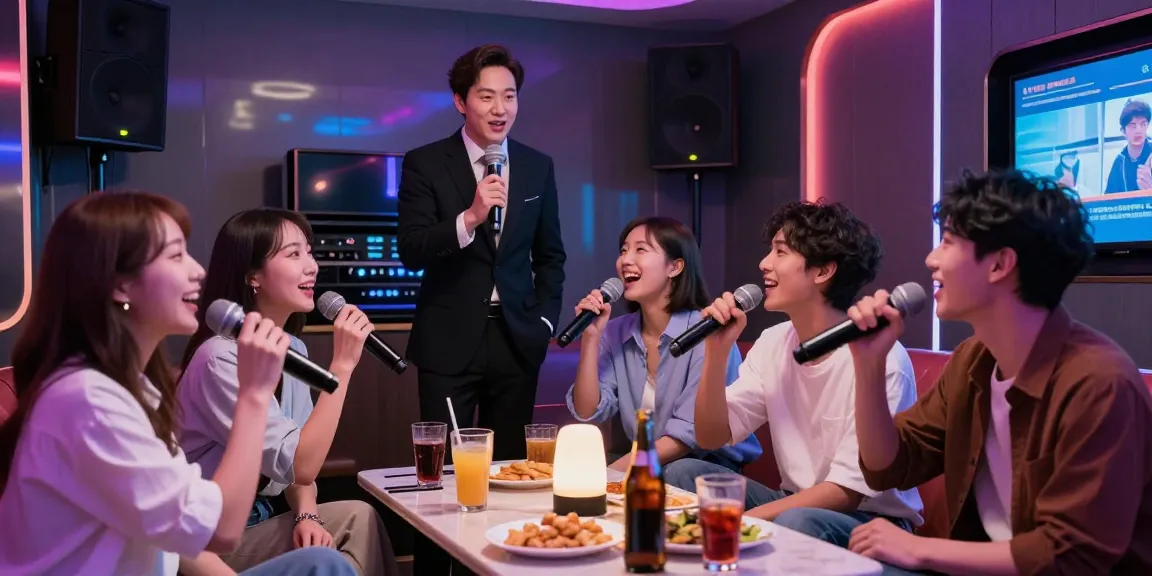 Enjoying a lively night out at 강남가라오케 with friends and a professional manager, showcasing upscale ambiance and modern decor.