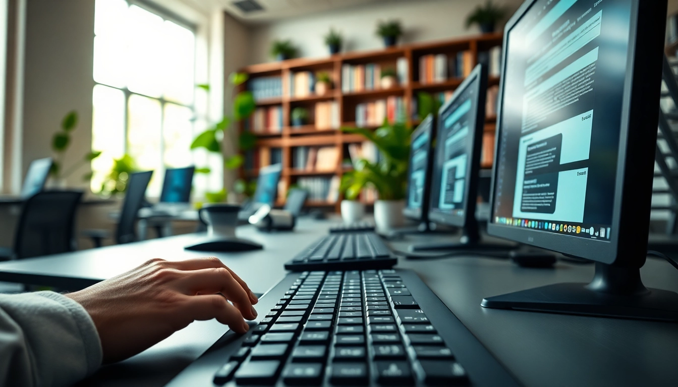 Person typing in a busy typing center, showcasing productivity and modern workspace elements.