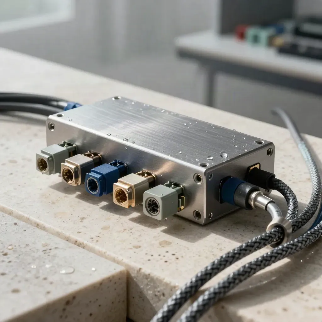 Brushed aluminum relay module with braided cables on pale stone in soft rainy morning light.