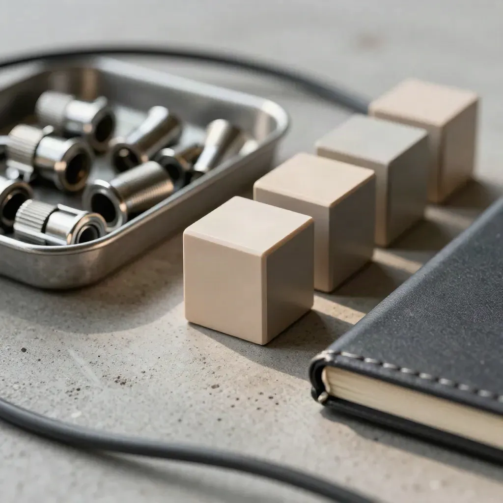 Relay cubes and cable ferrules beside a closed notebook on brushed concrete in warm side light.