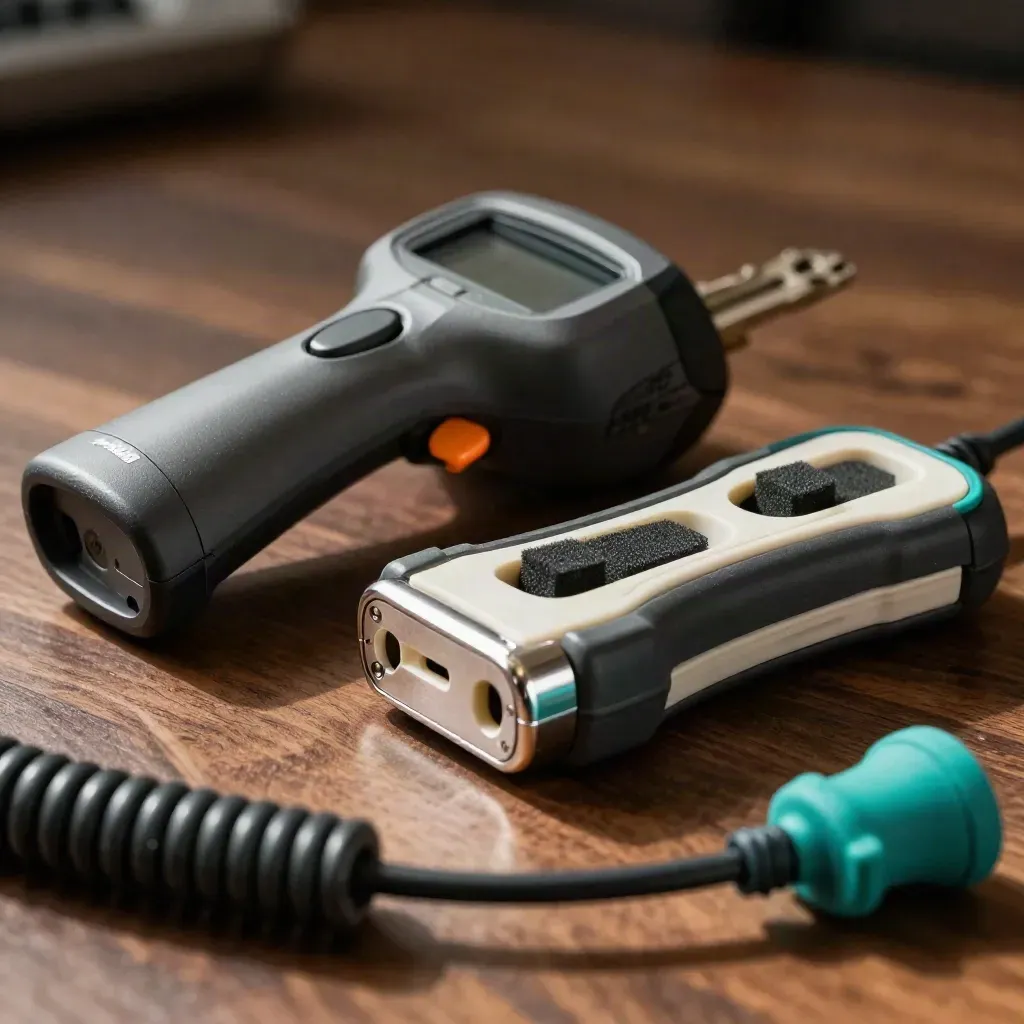 Macro still life of ops tools: scanner, cable tester, adapter sleeves on walnut with teal accent.