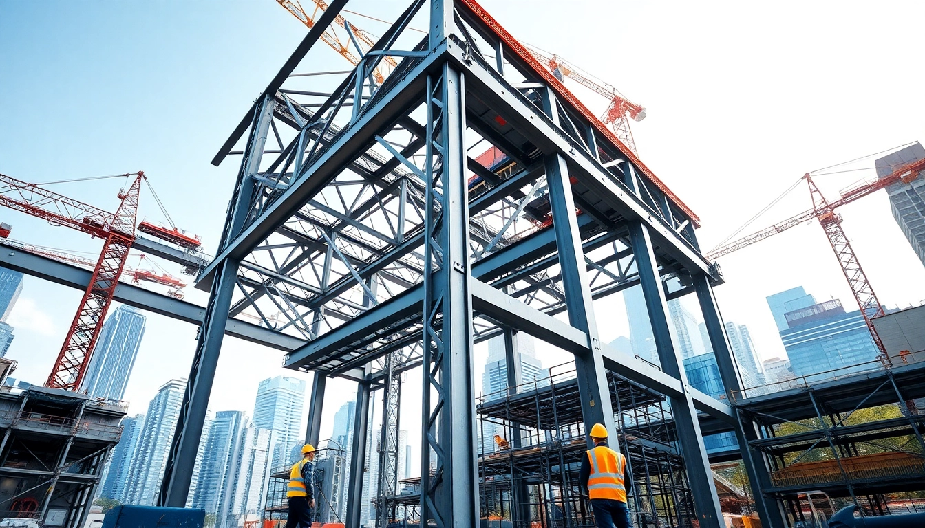 Structural steel construction featured prominently with construction workers and a city skyline in the background.