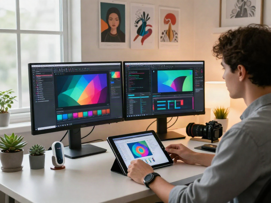 Creative individual exploring nsfw ai technology in a modern home office setting.