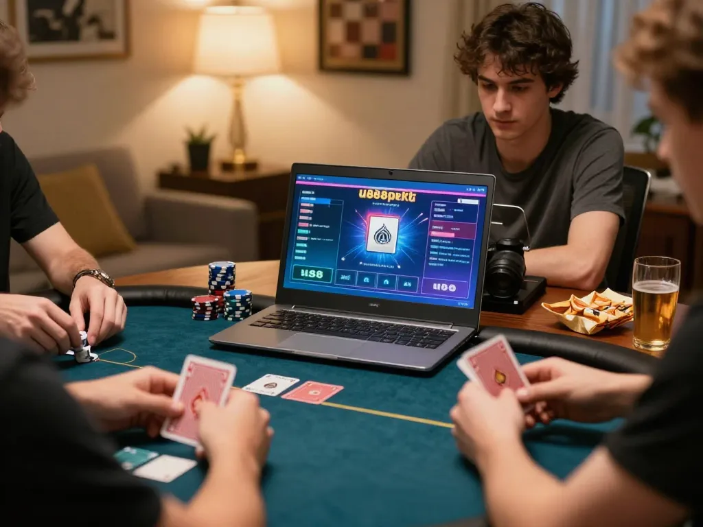 u888poker gameplay on laptop showcasing strategic card play in a cozy home environment
