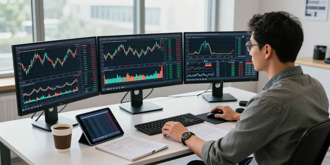Trader using mt5 software with multiple charts and trading tools in a contemporary workspace