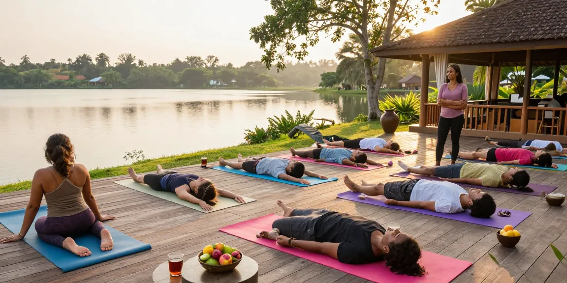 Group practicing yoga during the best yoga teacher training sri lanka at a lakeside retreat.