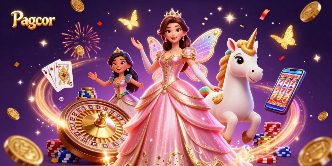 Engage with Pagcor's vibrant gaming scene featuring a glamorous woman, unicorn, and exciting casino elements.