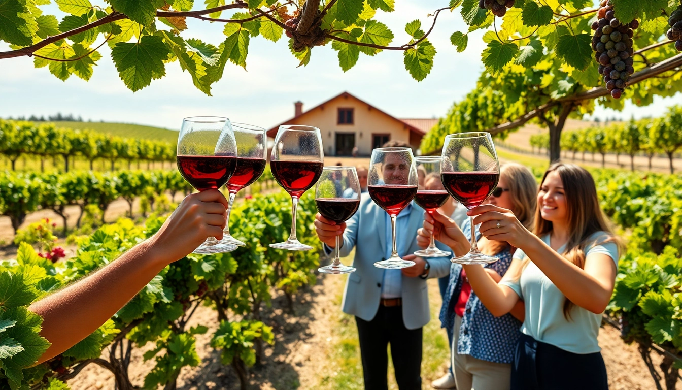 Celebrate the joys of Winery Membership with friends toasting over fine wine in a picturesque vineyard.