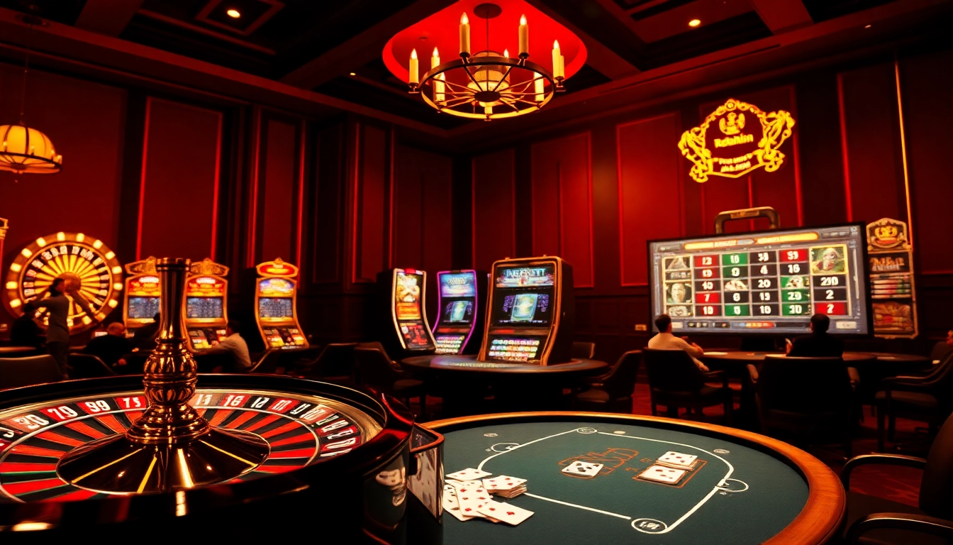 Experience rebahin excitement with a vibrant casino scene featuring roulette, poker, and slot machines.