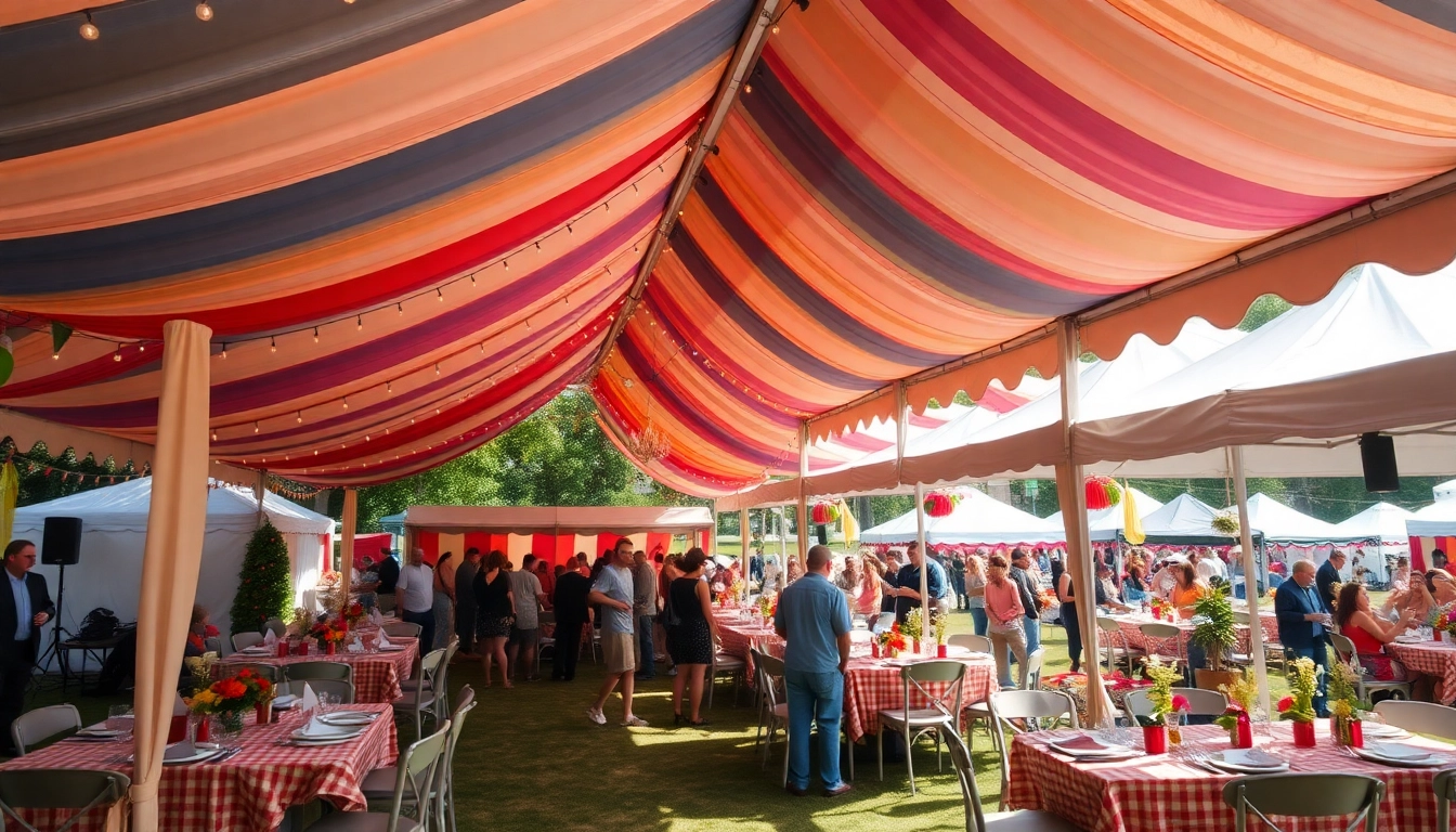 Engaging scene of diverse Tent Rentals set up for a festive outdoor event.