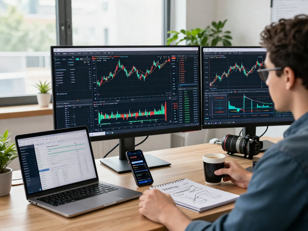 交易者分析TradingView平台的金融图表，显示实时行情和技术指标，专业交易工作环境。