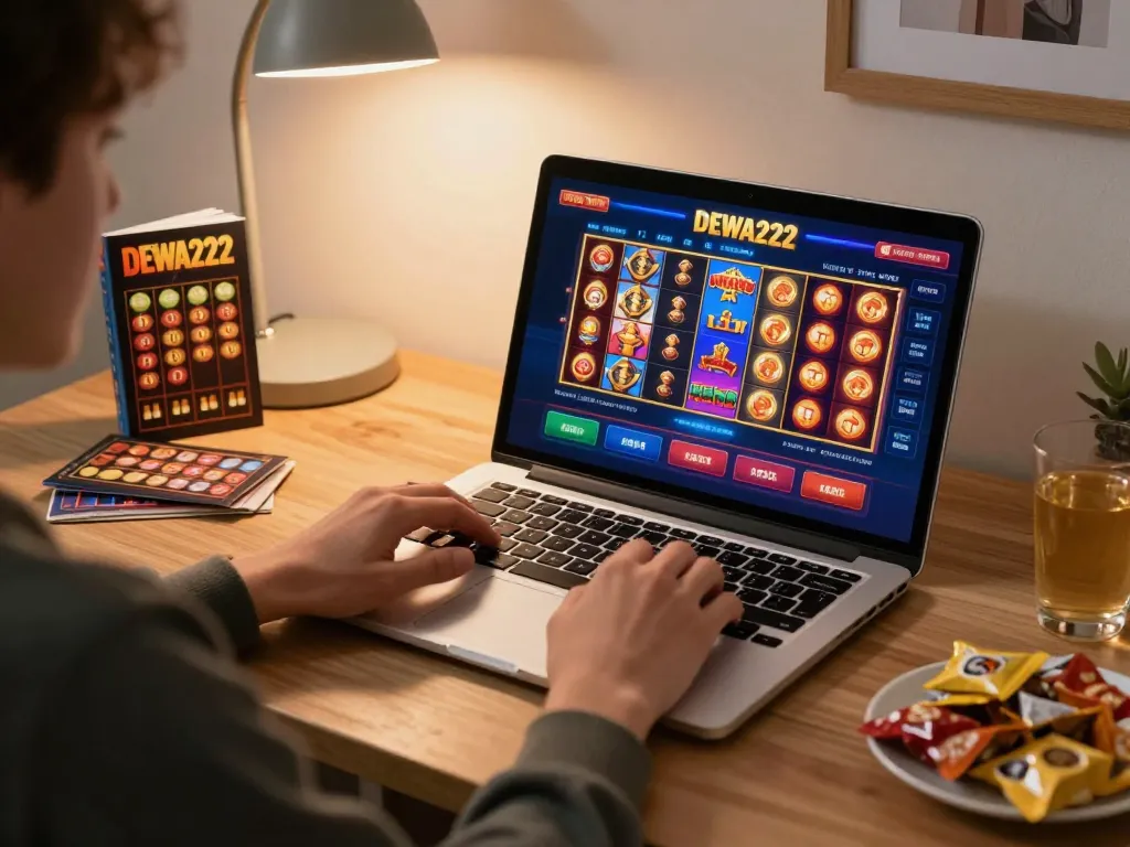 Engaged player exploring DEWA222 online casino games at home for better strategy.