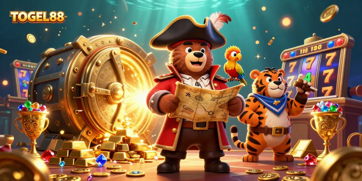 Experience TOGEL88's thrilling jackpot spins with a captivating pirate adventure illustration.