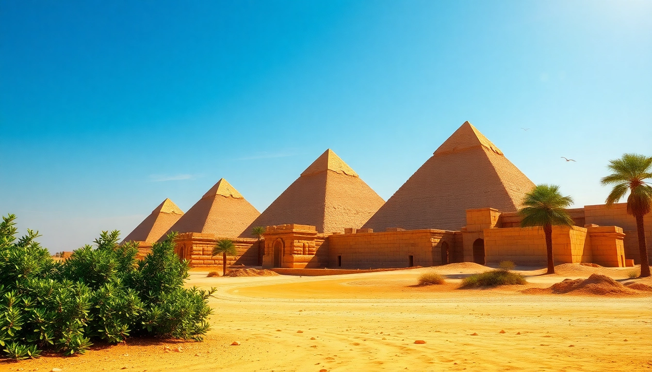 View of the majestic piraminds framed by a clear sky, showcasing ancient Egyptian architecture.