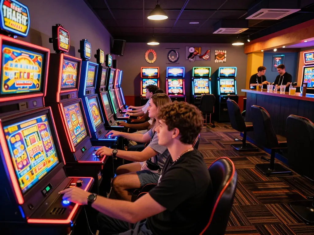 Siti slot experience with vibrant players engaged at colorful slot machines in a lively gaming lounge