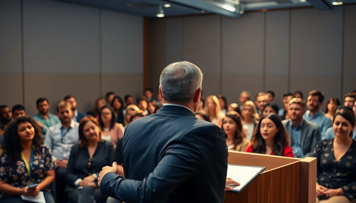 Overcoming Fear of Public Speaking showcased with a confident speaker engaging an attentive audience.