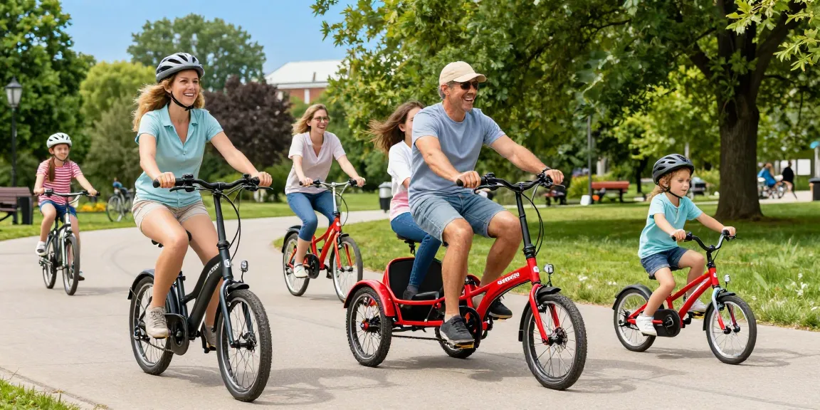 Adults riding best electric tricycles in a sunny park, showcasing diverse models including electric and kids trikes.