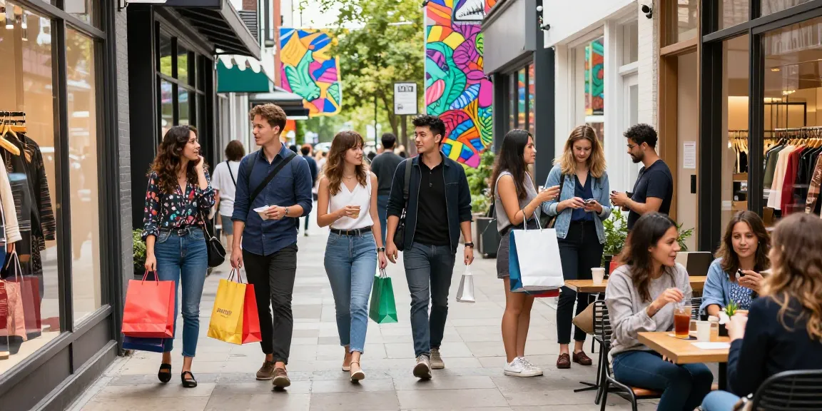 Vibrant urban shopping scene showcasing diverse friends, stores, and street art in a lively atmosphere.