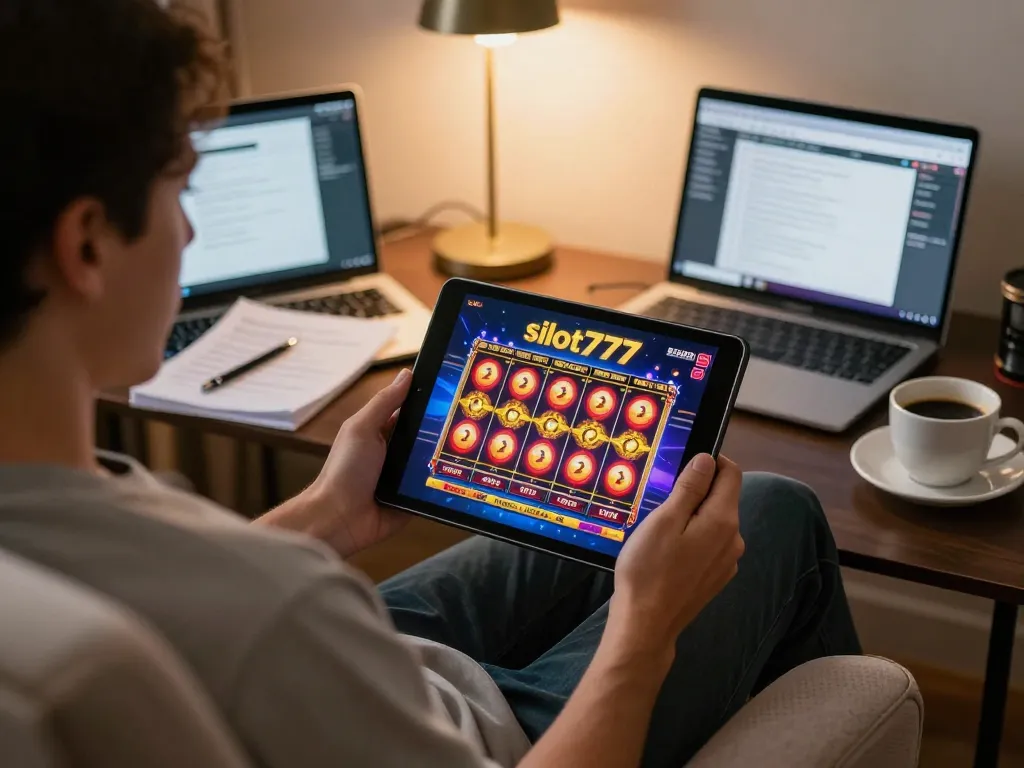 Engaging gameplay on situs slot777, showcasing a mobile tablet filled with exciting slot options and warm home comfort