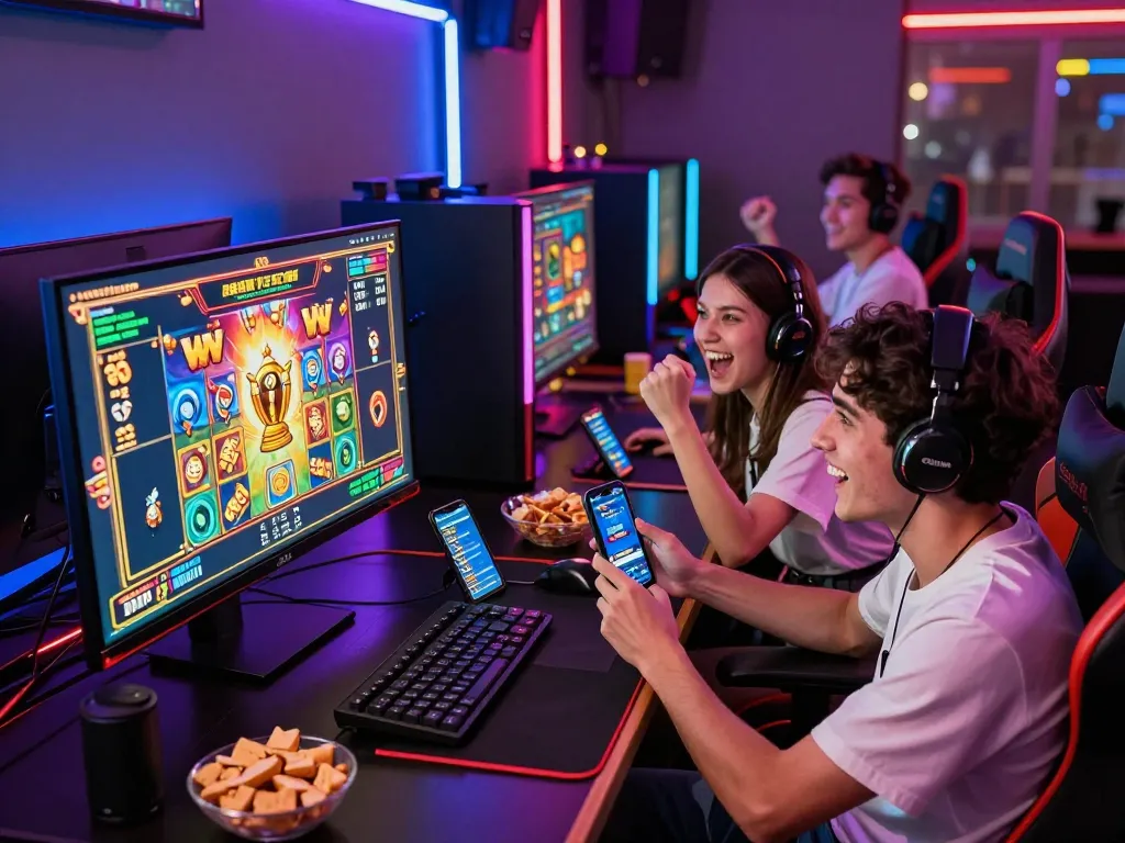 Pengalaman bermain grup yang menarik merayakan kemenangan di slot gacor hari ini dengan cahaya yang cerah dan pengaturan teknologi.