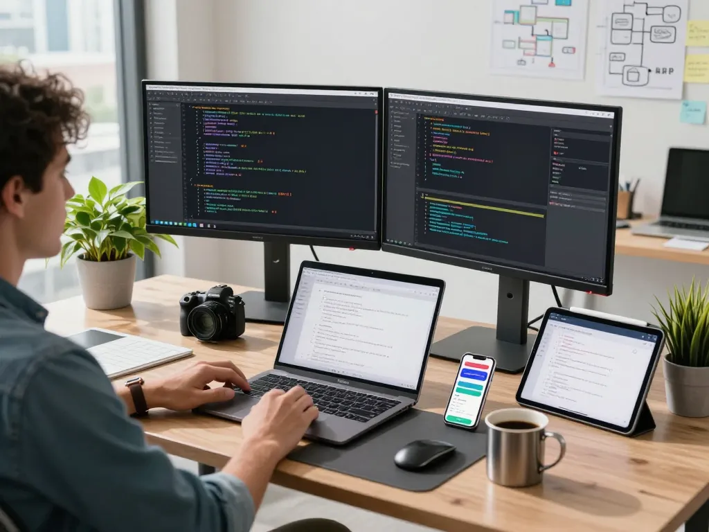 Developer using moltbot in a modern workspace with dual monitors and coding elements.