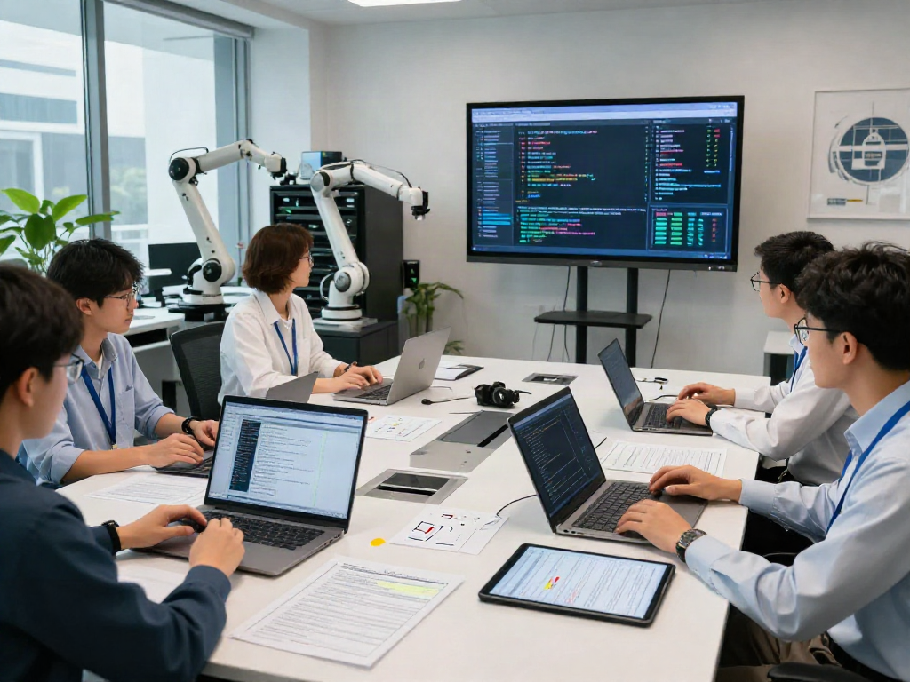 Collaborative team analyzing a document fraud detection solution in a modern tech lab.